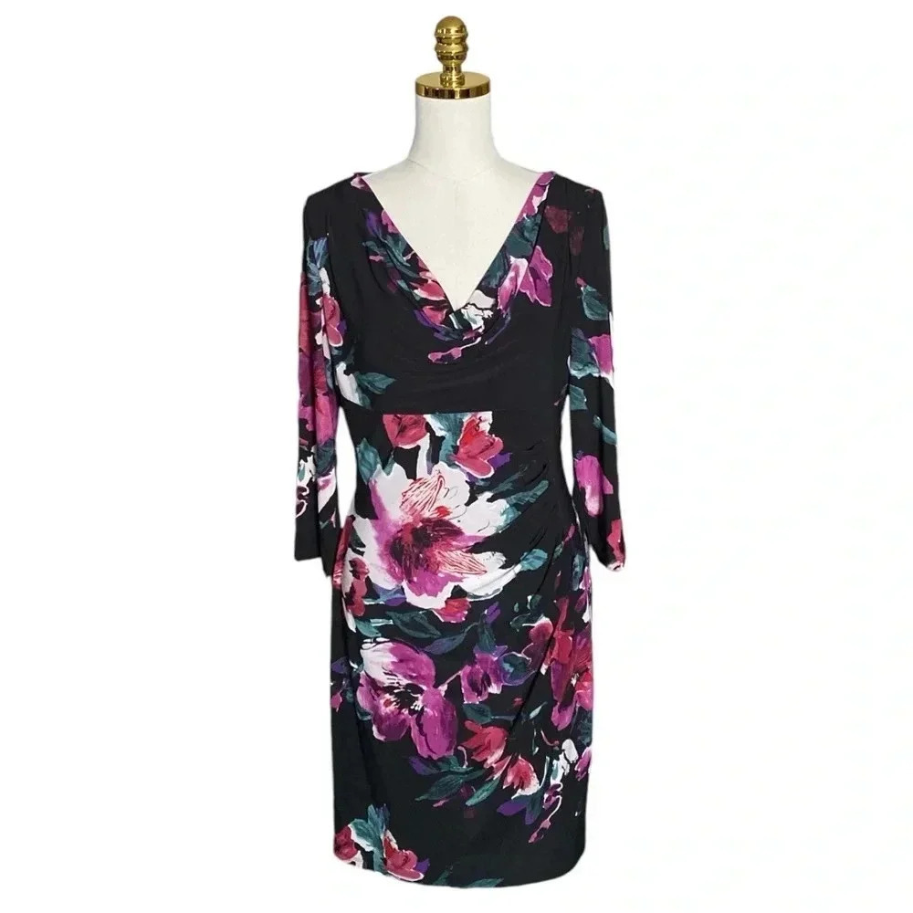 RALPH LAUREN Women Draped Neck Black Floral Ruched Stretch Jersey Dress Size 10